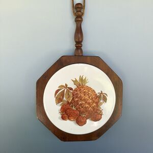 Vintage Ceramic Tile Trivet Wood Handle Wall Hanging Fruit Decor